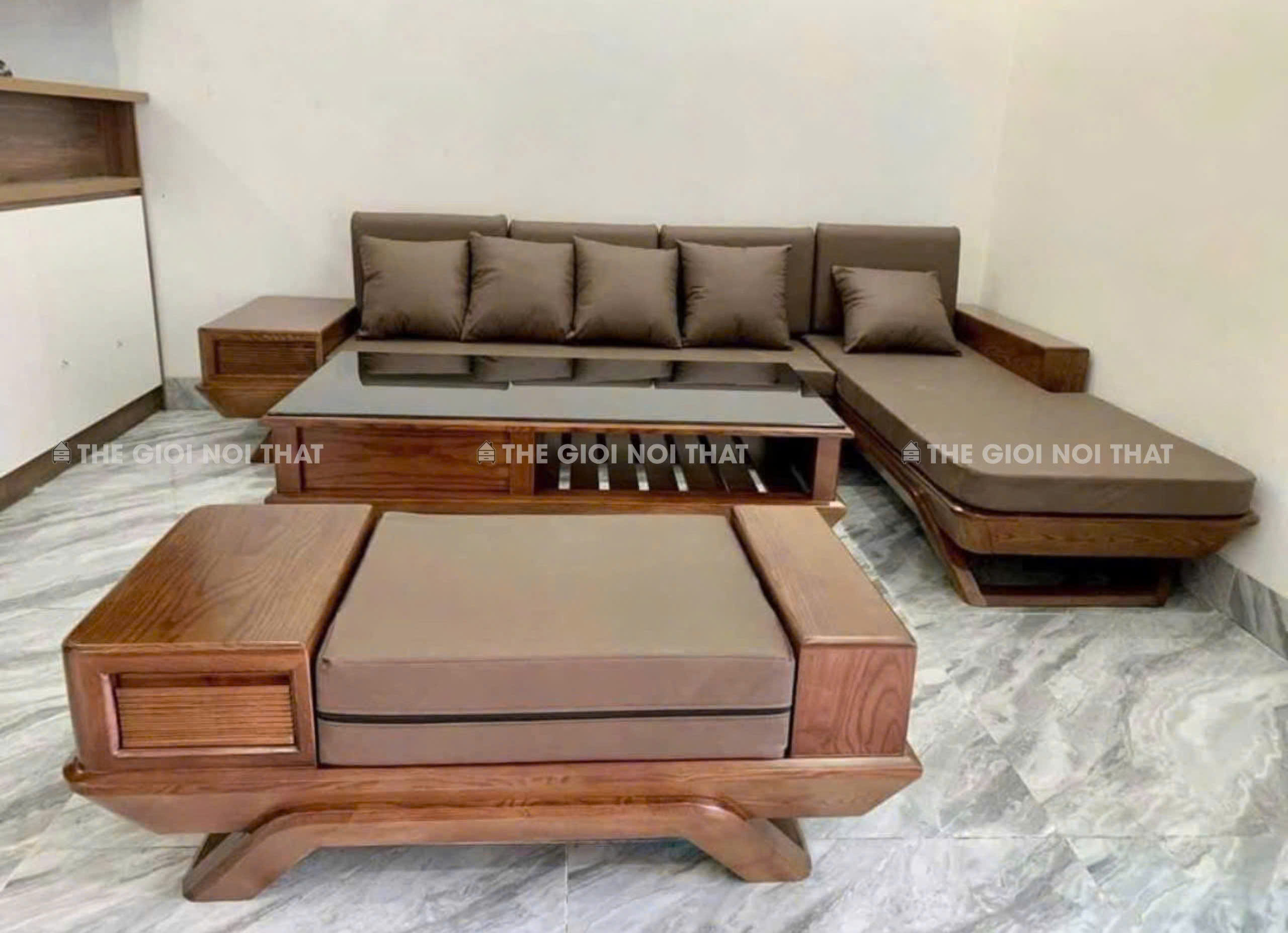 Bộ sofa chân thuyền gỗ gõ đỏ và đệm corona